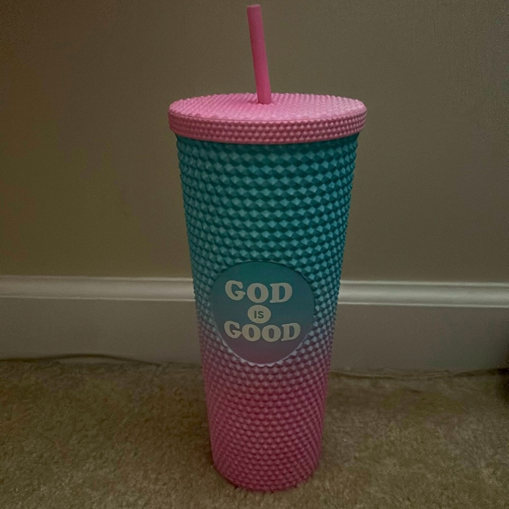NWT STUNNING PINK & AQUA “GOD IS GOOD” 24OZ. TEXTURED TUMBLER & STRAW 💘